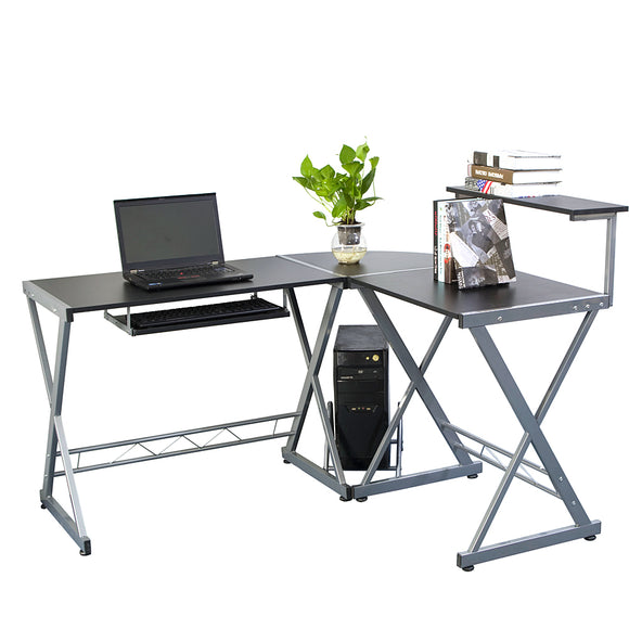 L-shaped Wooden Computer Desk with Top Shelf-Office Desk-Gray